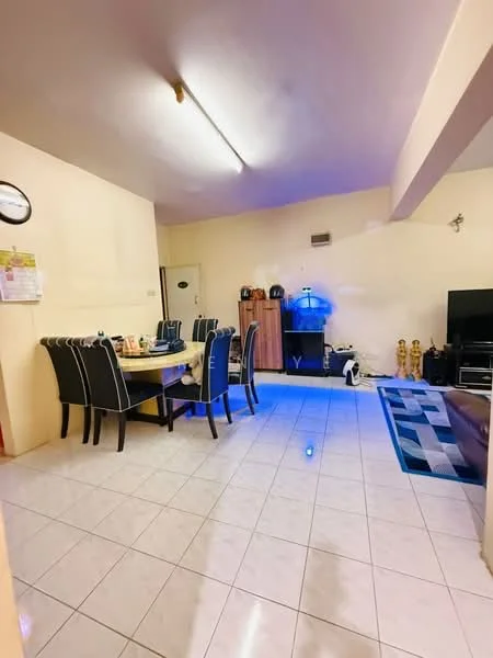 Dining features: dining table with six chairs, ceramic tile flooring, cream painted walls, refrigerator, wooden cabinet, television unit, area rug with geometric pattern, wall clock, blue ambient lighting, floor lamp.