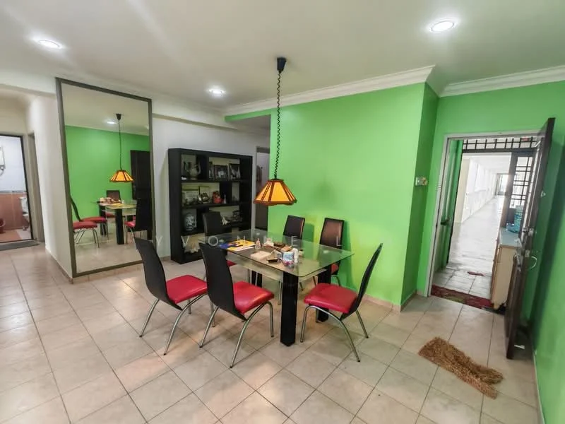 Dining features: green painted walls, tile flooring, glass dining table, 4 black dining chairs, 2 red dining chairs, pendant light fixture, large mirror, open layout, doorway leading outside, decorative items on table; style: modern. Room features: white walls, doorway, visible hallway, light fixtures.