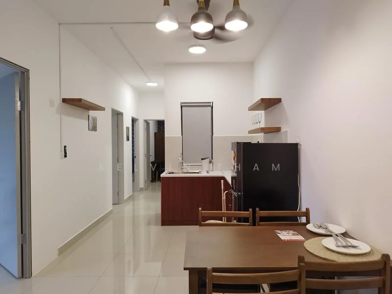 Kitchen features: white painted walls, glossy tile flooring, kitchen island with wooden cabinetry, black refrigerator, stainless-steel sink, chrome pull-down faucet, wall-mounted shelves, recessed downlights, dining table with wooden chairs, open layout, window for natural light; style: modern.