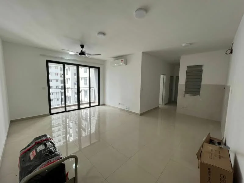 Living features: white painted walls, glossy ceramic tile flooring, 5-blade ceiling fan with light, floor-to-ceiling windows, sliding glass door, air conditioning unit, recessed downlights, neutral color scheme; style: modern; view: city. Room features: white painted walls, ceramic tile flooring, doorway leading to other rooms.