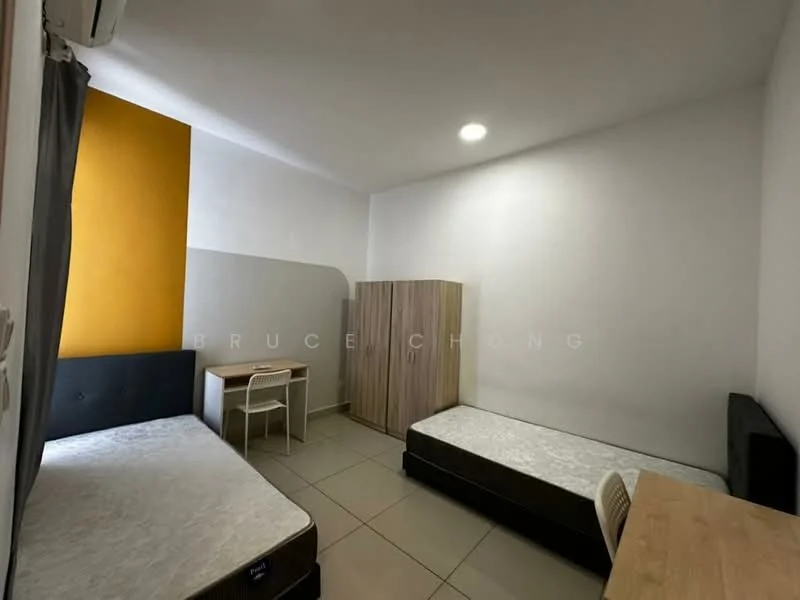 Bedroom features: two single beds with mattresses, wooden study desk, wooden wardrobe, grey accent wall, white painted walls, tile flooring, recessed ceiling light, air conditioning unit; style: modern.