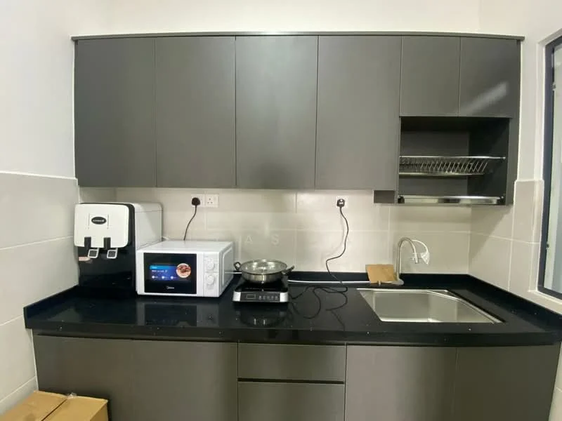 Kitchen features: black granite countertop, grey flat-panel cabinets, stainless-steel single-bowl sink, chrome pull-down faucet, built-in microwave, electric stove, white water dispenser, open shelving, tile backsplash, recessed lighting; style: modern.