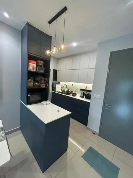 Kitchen features: blue cabinetry, white countertop, built-in microwave, stainless-steel kettle, stainless-steel toaster, freestanding range oven, single-bowl stainless-steel sink, chrome pull-down faucet, pendant lighting with three bulbs, tile flooring, white backsplash, open shelving, recessed downlights, grey walls; style: modern.