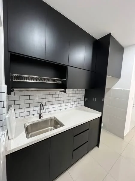 Kitchen features: black cabinetry, white quartz countertop, single-bowl stainless-steel sink, chrome pull-down faucet, white subway tile backsplash, open shelving, built-in upper cabinets, tile flooring; style: modern.