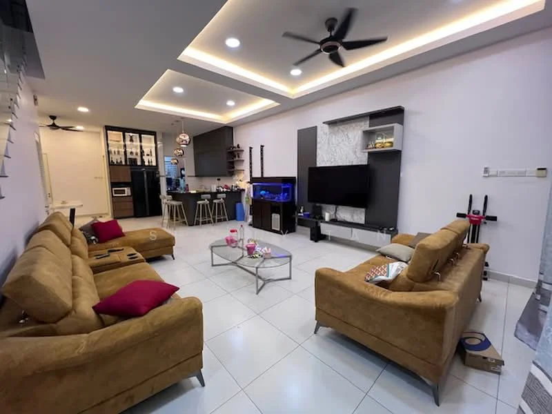 Living features: 3-seater fabric sofa in brown, 2-seater fabric sofa in brown, pink decorative cushions, coffee table with metal frame, wall-mounted TV, entertainment unit, LED strip lighting on ceiling, recessed downlights, white painted walls, tile flooring, ceiling fan with light, decorative wall panel with stone finish, open layout to kitchen; style: modern. Kitchen features: kitchen island with bar stools, black cabinetry, stainless-steel appliances, built-in oven, microwave, countertop with backsplash, open shelving, refrigerator, sink, pendant lighting; style: modern.