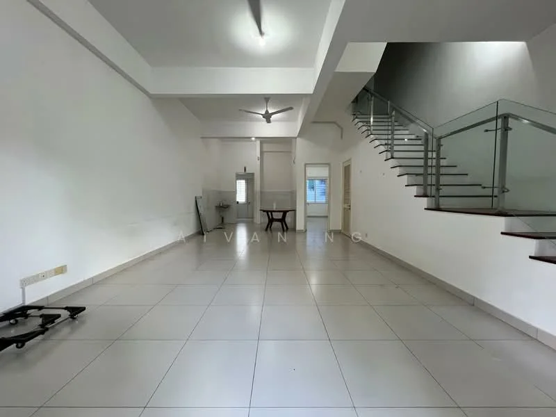 Living features: white painted walls, grey tiled flooring, 5-blade ceiling fan with light, staircase with glass railing, large windows for natural light, open layout, no visible furniture, high ceiling; style: modern.