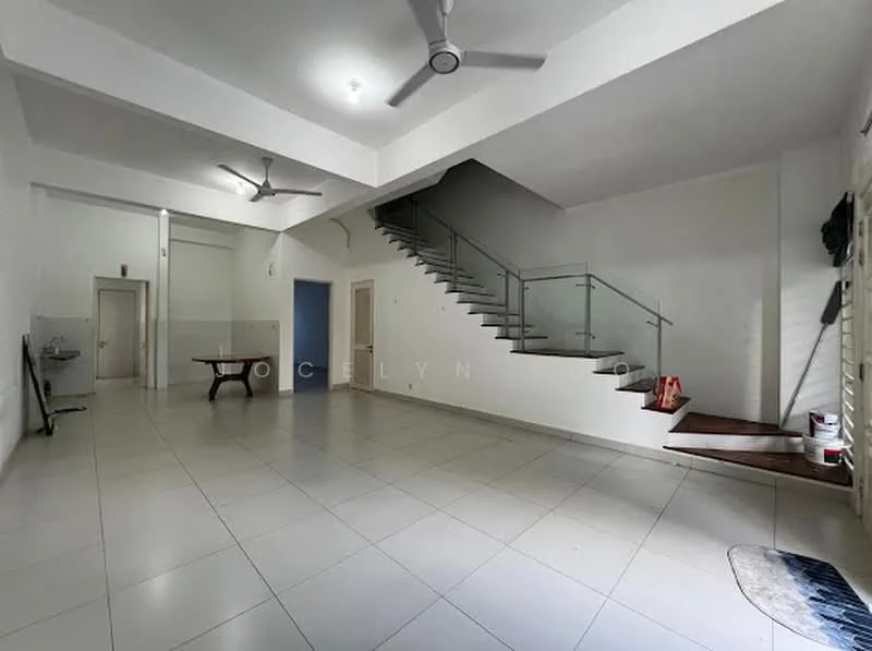 Room features: white painted walls, tile flooring, exposed ceiling, 2 ceiling fans, staircase with glass railing, large open space, dining table, wall-mounted shelf, window with blinds; style: modern.