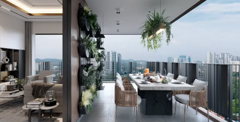 Dining features: large dining table, upholstered dining chairs, decorative wall planters, floor-to-ceiling windows, city skyline view, outdoor balcony, ceramic tile flooring, recessed downlights, hanging plants, modern decor, table set for dining, neutral color palette; style: modern; view: city.