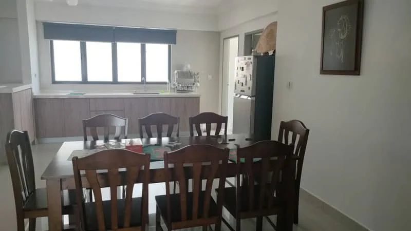 Dining features: wooden dining table, 6 wooden dining chairs, white walls, tile flooring, large windows with roller blinds, open layout to kitchen, framed artwork on wall, kitchen cabinetry visible in background; style: modern. Kitchen features: kitchen cabinetry in wood finish, stainless-steel fridge, countertop space, sink visible, open layout to dining area; style: modern.