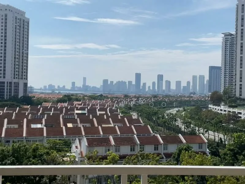 Exterior type: high-rise condominium; features: city skyline view, surrounded by greenery, row of linked terrace houses, modern architecture, multiple high-rise buildings in the background, clear blue sky, urban landscape; style: modern.