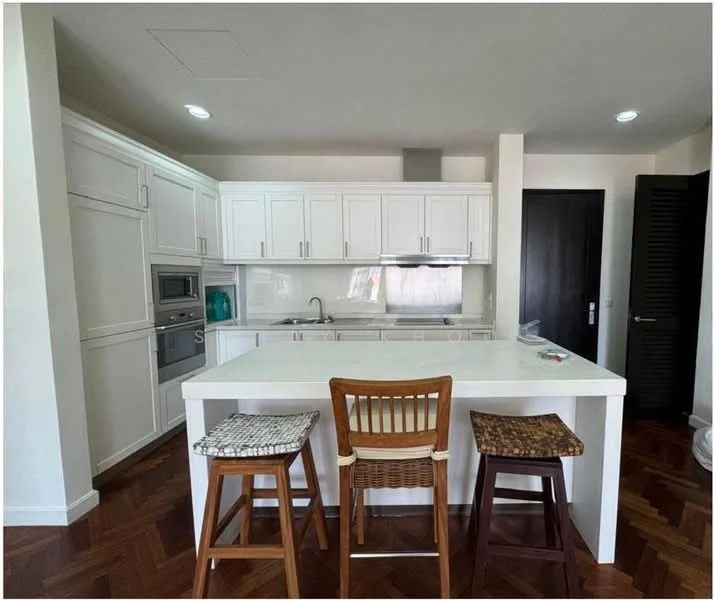 Kitchen features: white shaker cabinets, stainless-steel built-in oven, stainless-steel microwave, stainless-steel sink, chrome pull-down faucet, white quartz countertop, kitchen island with seating, parquet wood flooring, recessed downlights, open shelving, wall-mounted cabinets, tile backsplash; style: modern.