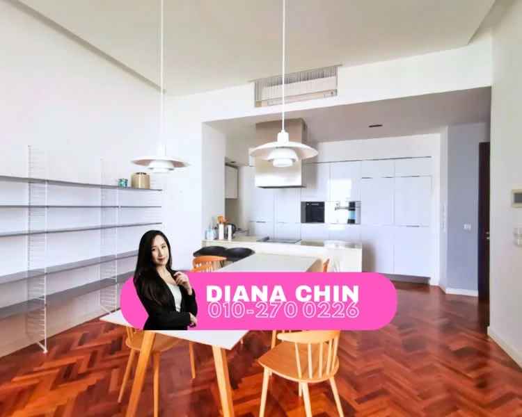 Kitchen features: wooden herringbone flooring, white painted walls, kitchen island with seating, stainless-steel sink, chrome pull-down faucet, white cabinetry, built-in oven, freestanding range oven, refrigerator, pendant lighting, open shelving, countertop with bar stools; style: modern.