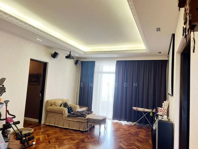 Living features: wooden flooring, cream painted walls, tray ceiling with recessed lighting, floor-to-ceiling windows, dark curtains, sofa in beige fabric, exercise bike, ironing board, TV console, decorative wall art; style: modern.