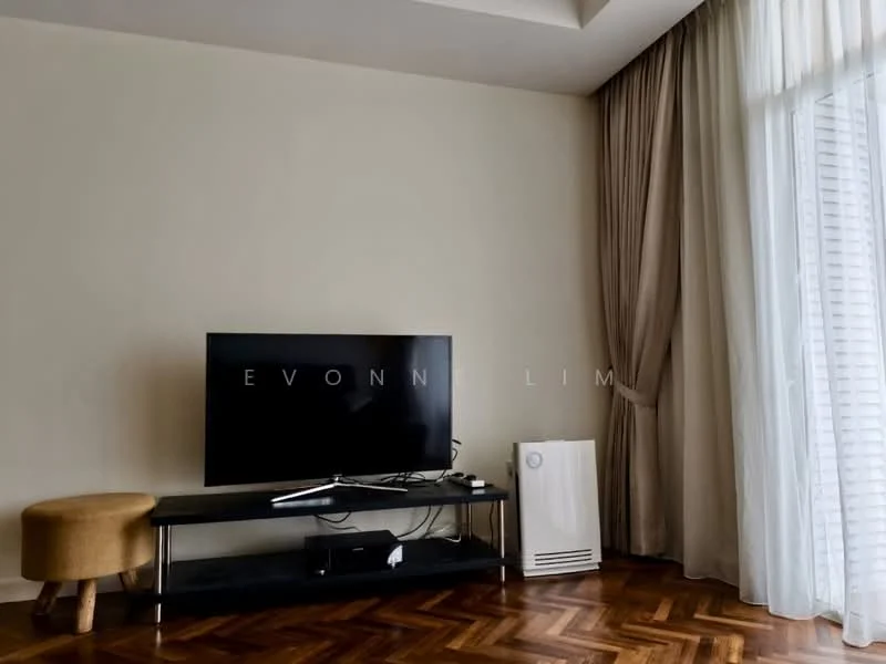 Living features: dark wood herringbone flooring, light beige painted walls, floor-to-ceiling windows, sheer curtains, black TV console, wall-mounted TV, air conditioning unit, small round stool; style: modern.