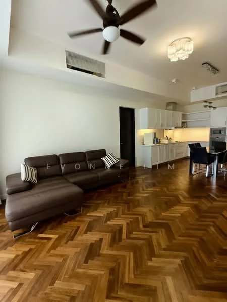 Living features: 3-seater leather sofa in brown, ceiling fan with light, wooden flooring in herringbone pattern, wall-mounted air conditioning unit, recessed downlights, open kitchen layout, kitchen island, white cabinetry, stainless-steel appliances, pendant light fixture, dining table with chairs; style: modern.
