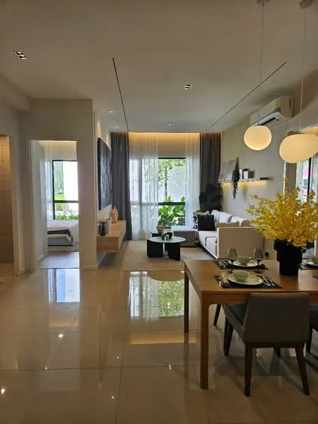 Living features: floor-to-ceiling windows, grey curtains, white walls, sofa in white fabric, coffee table in black, area rug, wall-mounted TV, decorative wall shelves, ceiling lights, air conditioning unit; style: modern; view: garden. Dining features: 6-seater dining table, wooden dining table, upholstered dining chairs, table setting with plates and cutlery, decorative vase with flowers, pendant lighting; style: modern; view: garden. Room features: white painted walls, tile flooring, open layout, natural light.
