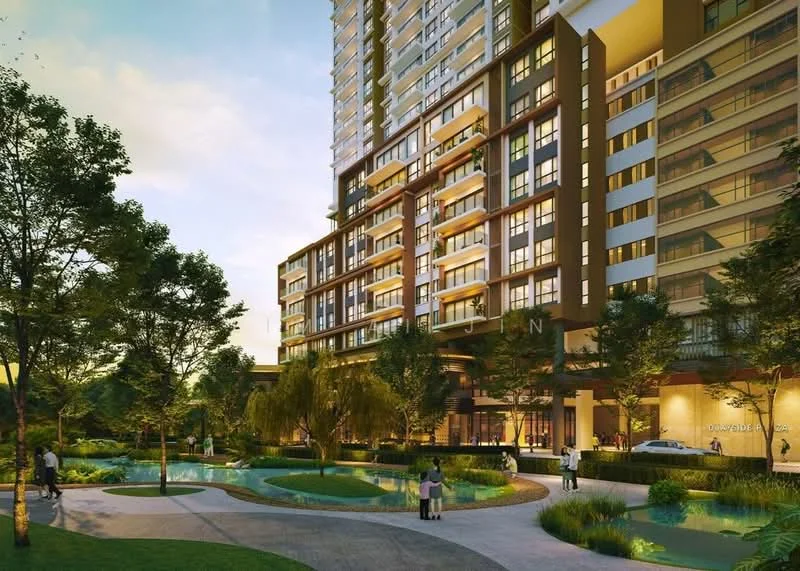Exterior type: high-rise condominium; features: glass curtain wall, projecting balconies, landscaped garden, manicured lawn, water features, surrounded by mature trees, multiple storeys, outdoor pathways, parking area visible, urban context; style: modern.