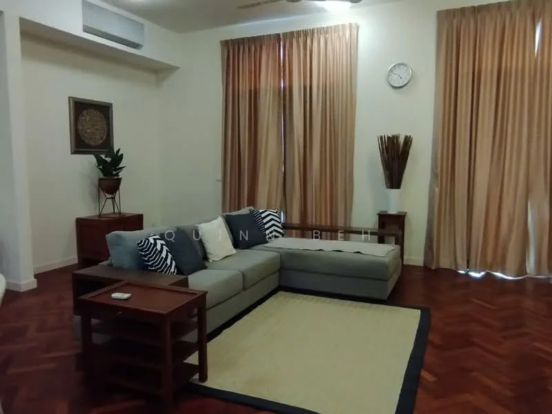 Living features: L-shape sectional sofa in grey, decorative cushions with geometric patterns, wooden coffee table, area rug with neutral color, floor-to-ceiling curtains in beige, wooden side table, wall clock, potted plant, wooden flooring with herringbone pattern; style: contemporary.