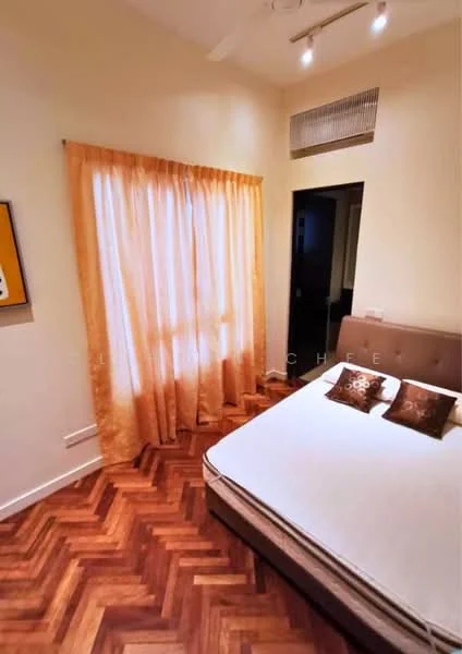 Bedroom features: parquet wood flooring, cream painted walls, curtains in light orange, queen-size bed, two decorative pillows on bed, recessed downlights, air conditioning unit, wall-mounted artwork; style: modern.