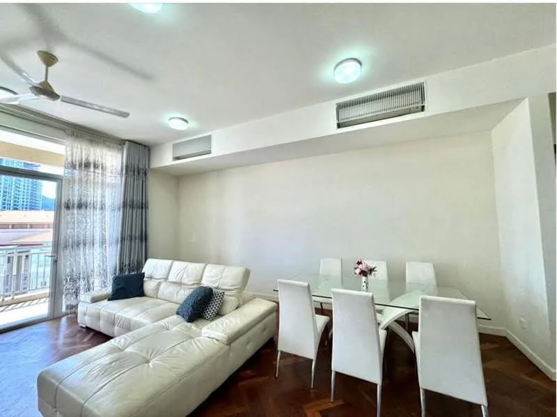 Living features: white leather sectional sofa, glass dining table for six, white upholstered dining chairs, wooden herringbone flooring, floor-to-ceiling windows, sheer curtains, ceiling fan, recessed downlights, air conditioning vents; style: modern; view: city.