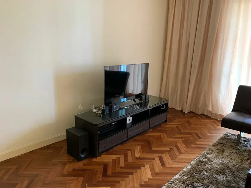 Living features: dark wood TV console, flat-screen TV, black speaker, brown leather sofa, area rug with geometric pattern, herringbone wood flooring, floor-to-ceiling curtains, cream painted walls; style: modern.