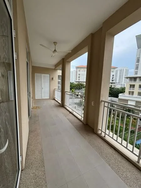Room features: floor-to-ceiling windows, sliding glass door, ceiling fan, grey tiled flooring, balcony railing, outdoor view, light-colored walls, covered ceiling; style: modern; view: garden.
