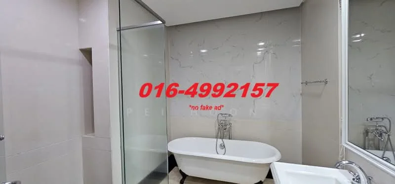 Bathroom features: freestanding bathtub, glass shower enclosure, chrome basin mixer faucet, white ceramic sink, marble wall cladding, light-colored tile flooring, wall-mounted mirror, towel rack; style: modern.