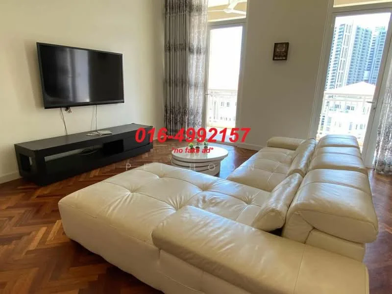 Living features: L-shape sectional in white leather, wall-mounted TV, TV console in black, wooden flooring, floor-to-ceiling windows, sheer curtains, ceiling fan, decorative wall art; style: modern; view: city.