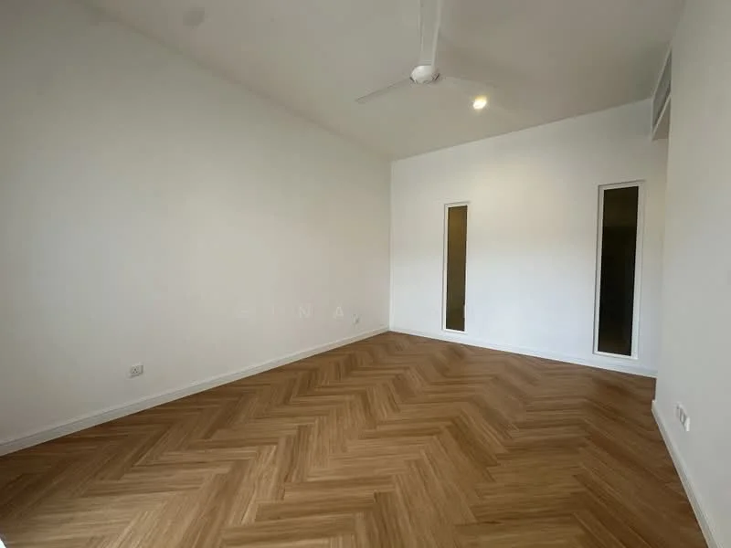 Room features: white painted walls, wooden flooring, ceiling fan, recessed downlights, large windows, neutral color scheme, open layout, no visible furniture; style: modern.