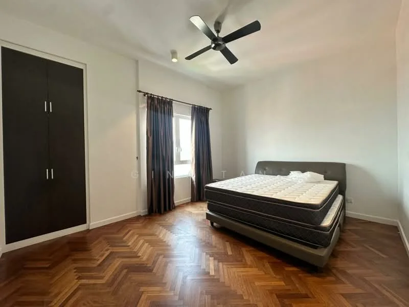 Bedroom features: queen-size bed, dark wood herringbone flooring, white painted walls, ceiling fan, floor-to-ceiling window, dark curtains, built-in wardrobe with two doors, natural light from window; style: modern.