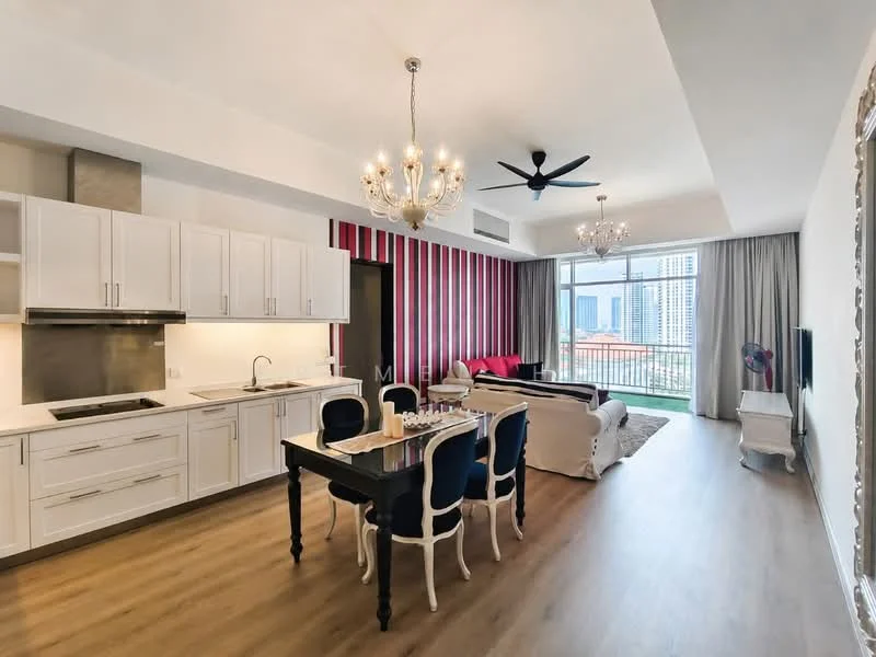 Kitchen features: white shaker cabinets, stainless-steel sink, chrome pull-down faucet, marble countertop, built-in oven, freestanding range oven, microwave, recessed downlights; style: modern. Dining features: 6-seater dining table, upholstered dining chairs, chandelier, wood flooring; style: modern. Living features: 3-seater fabric sofa in red, 2-seater fabric sofa in white, coffee table, wall-mounted TV, floor-to-ceiling windows, curtains, ceiling fan with light, area rug; style: modern; view: city.