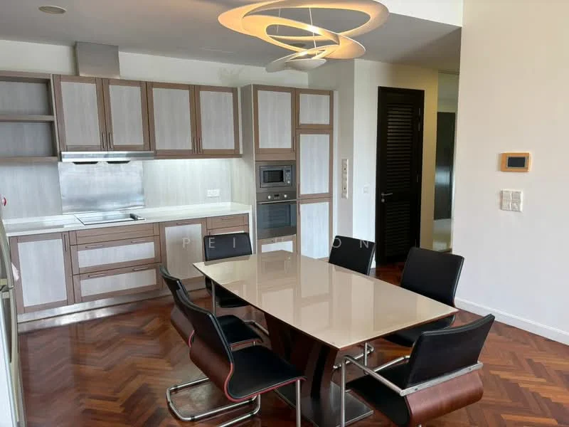 Kitchen features: light wood cabinetry, white countertop, stainless-steel sink, chrome pull-down faucet, built-in oven, microwave, 4-burner gas hob, exhaust hood, pendant light fixture, dining table with 6 black chairs, chevron-patterned wood flooring, recessed downlights; style: modern.