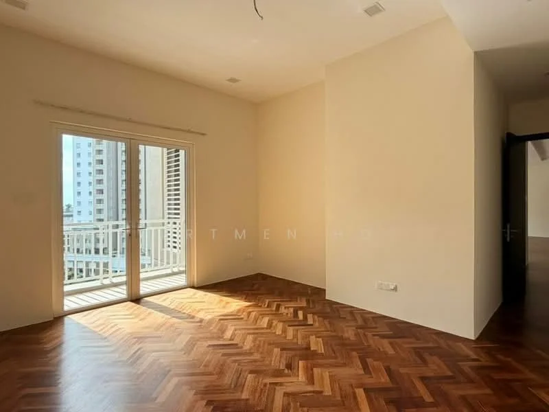 Living features: herringbone wood flooring, cream painted walls, floor-to-ceiling sliding glass door, balcony access, natural light from large windows, no visible furniture, high ceiling, neutral color palette; style: modern; view: city.