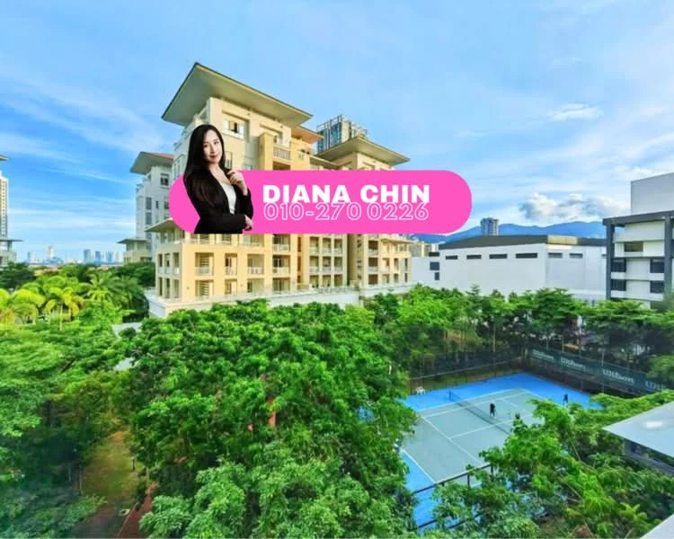 Exterior type: mid-rise condominium; features: cream painted facade, recessed balconies, surrounded by mature greenery, tennis court, landscaped garden, multiple storeys; style: modern.
