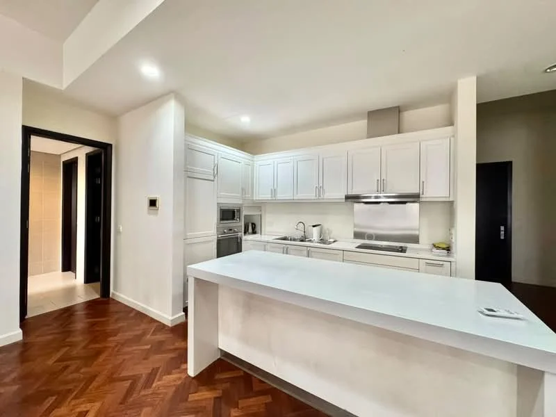 Kitchen features: white shaker cabinets, quartz countertop, stainless-steel sink, chrome pull-down faucet, built-in oven, microwave, stainless-steel range hood, 4-burner gas hob, pendant lighting, herringbone wood flooring, open layout, recessed downlights; style: modern. Room features: doorway leading to hallway, light-colored walls, dark wood flooring.