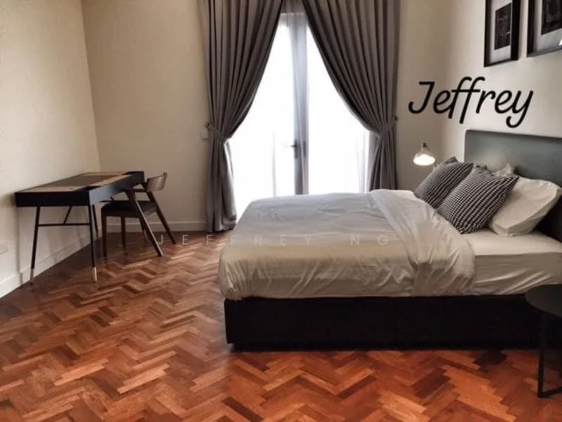 Bedroom features: king-size bed with white bedding, upholstered headboard, two bedside lamps, wooden study desk, wooden chair, parquet wood flooring, floor-to-ceiling windows with sheer curtains, grey drapes, decorative throw pillows, wall-mounted light fixtures; style: modern.