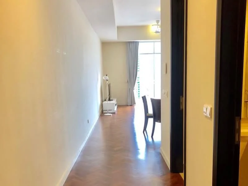 Room features: wooden flooring, white painted walls, ceiling fan, dining table, dining chairs, floor-to-ceiling windows, curtains, light fixture; style: modern.