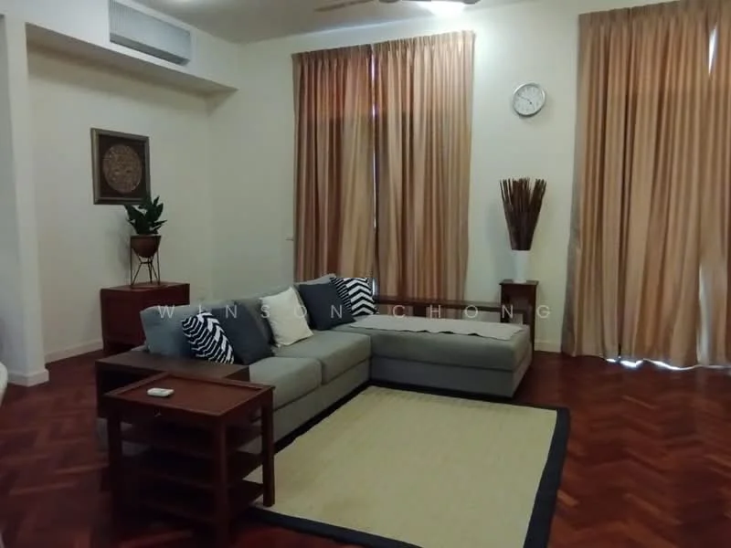 Living features: 3-seater fabric sofa in grey, L-shape sectional sofa, decorative cushions with geometric patterns, wooden coffee table, area rug with natural fibers, wooden side table, floor-to-ceiling curtains in beige, wall clock, potted plant, wooden flooring with herringbone pattern; style: modern.