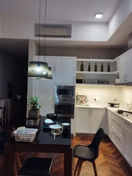 Kitchen features: white shaker cabinets, black countertop, stainless-steel built-in oven, stainless-steel microwave, 4-burner gas hob, single-bowl stainless-steel sink, chrome pull-down faucet, chevron wood flooring, pendant lamp over island, open shelving with glass bottles, dining table with black surface, black dining chairs, decorative plant on counter, tableware on countertop; style: modern.