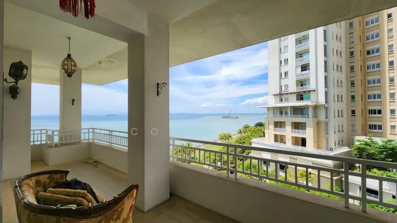 Balcony features: sea view, concrete flooring, railing, hanging lantern, outdoor seating, overhead lighting, white walls, open space; style: modern; view: sea.