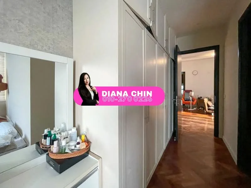 Room features: wooden flooring, built-in wardrobe, mirror with frame, decorative items on tray, wall with textured finish, doorway leading to another room, natural light from window.
