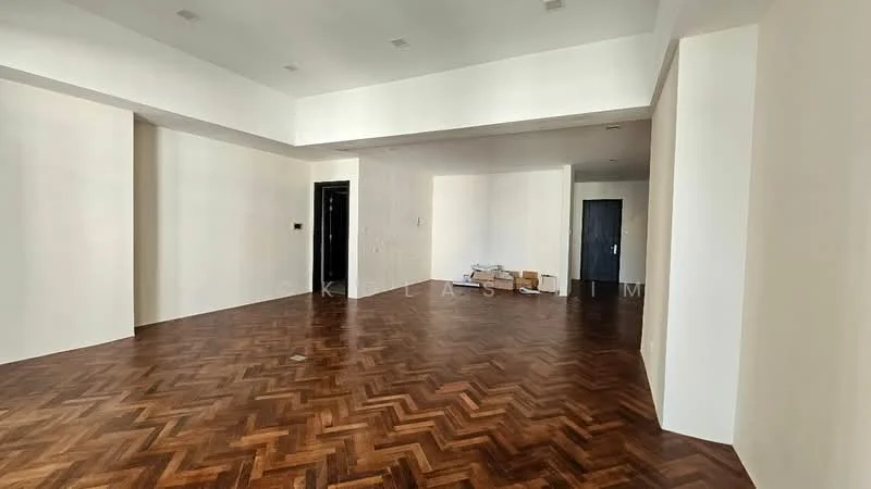 Room features: herringbone patterned wood flooring, white painted walls, recessed ceiling lights, open layout, large windows, doorway leading to another room, unfurnished space, minimalist design; style: modern.