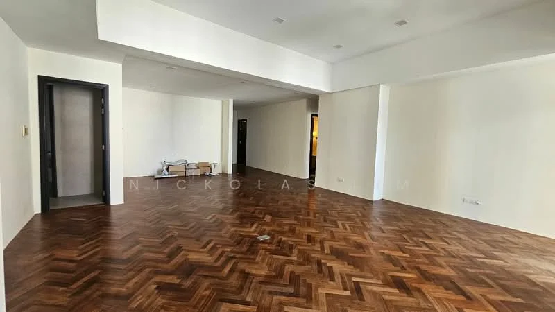 Room features: herringbone patterned wooden flooring, white painted walls, recessed ceiling lights, open layout, large windows, multiple doorways, neutral color scheme, unfurnished space; style: modern.