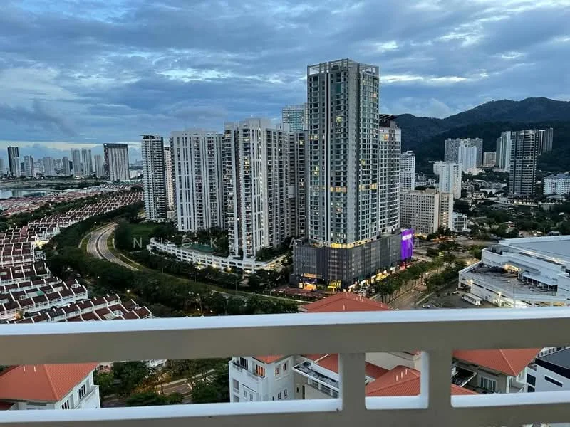 Exterior type: high-rise condominium; features: city skyline view, surrounded by urban landscape, multiple high-rise buildings, mountain backdrop, mixed-use development, modern architectural design, prominent lighting on buildings, green spaces visible in the area; style: modern.