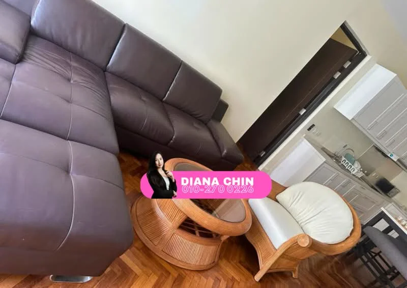 Living features: L-shape sectional sofa in dark brown leather, round coffee table with rattan base, wooden flooring, light-colored walls, open layout to kitchen, recessed lighting, floor-to-ceiling windows, decorative wall art; style: modern.
