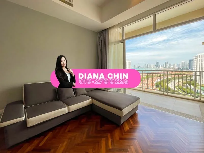 Living features: L-shape sectional sofa in grey and beige, chevron patterned hardwood flooring, floor-to-ceiling windows, city skyline view, curtains, recessed downlights, neutral painted walls; style: modern; view: city.