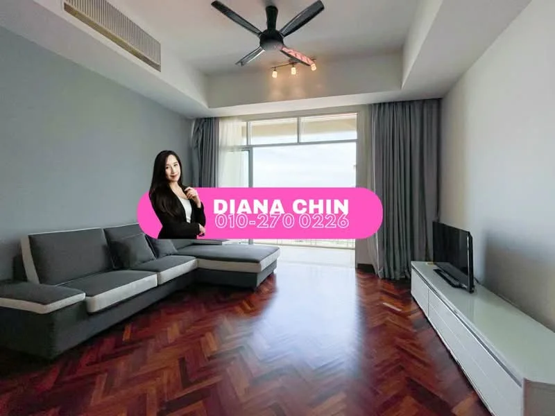 Living features: L-shape sectional sofa in grey, wooden flooring, floor-to-ceiling windows, curtains, wall-mounted TV, TV console in white, ceiling fan with light, decorative wall, area rug; style: modern; view: city.