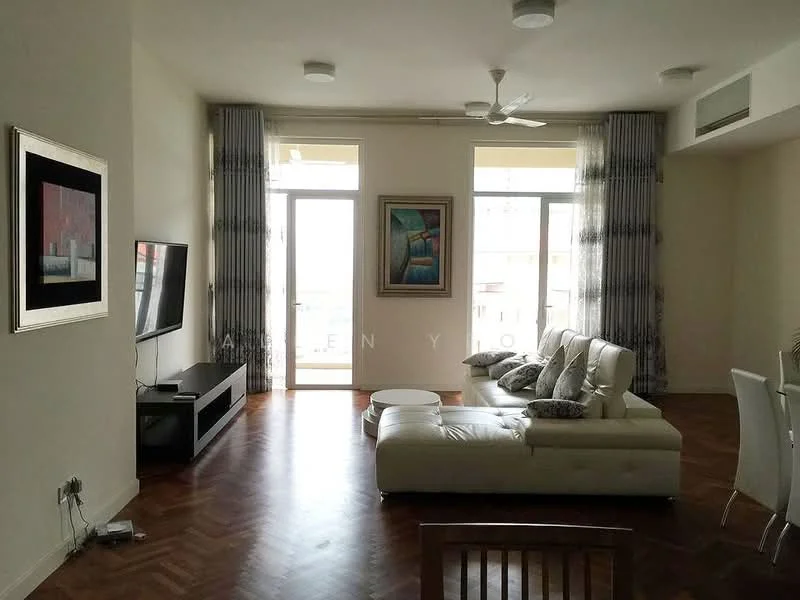 Living features: white leather sectional sofa, round coffee table, wall-mounted flat-screen TV, TV console in dark wood, wooden herringbone flooring, floor-to-ceiling windows, sheer curtains, ceiling fan with light, decorative wall art, dining table with white chairs; style: modern; view: city.