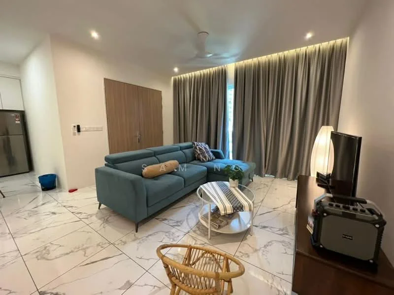 Living features: 3-seater fabric sofa in blue, coffee table, TV console, wall-mounted TV, area rug, floor-to-ceiling windows, sheer curtains, recessed downlights, ceiling fan, marble tile flooring, decorative lamp, wooden accent wall; style: modern.