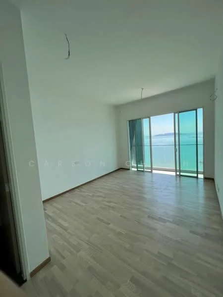 Room features: white painted walls, light wood flooring, floor-to-ceiling windows, ocean view, two ceiling lights, open layout; style: modern; view: sea.